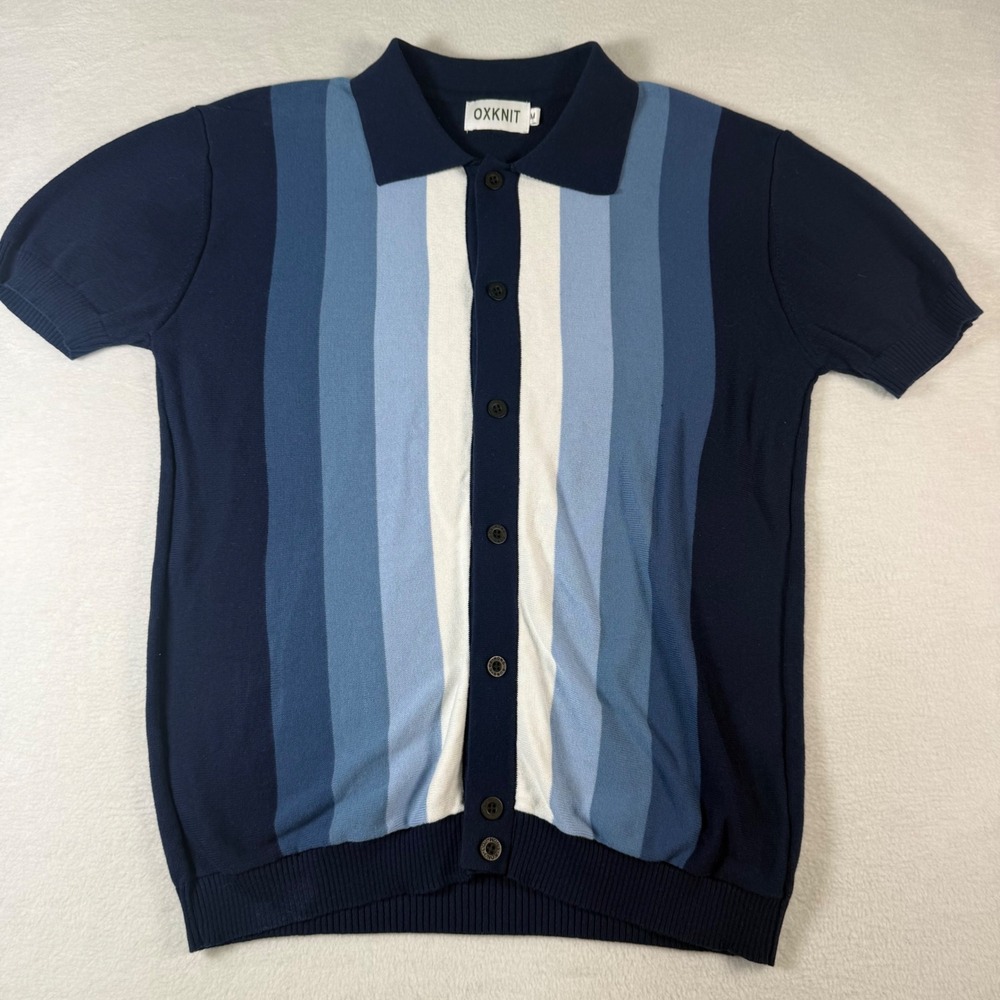 OXKNIT Button Up Polo Sweater Mens Medium Navy Blue Cotton Striped Retro Mod Top